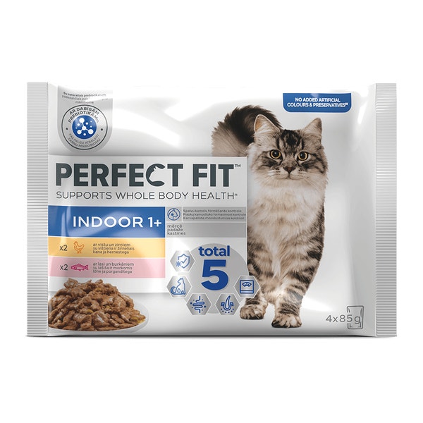 Perfect fit Indoor Mitrā barība kaķiem ar vistu un zivi 4x85g